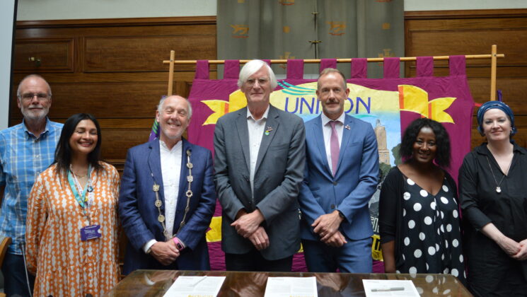 Councillors and UNISON activists pose for the charter signing