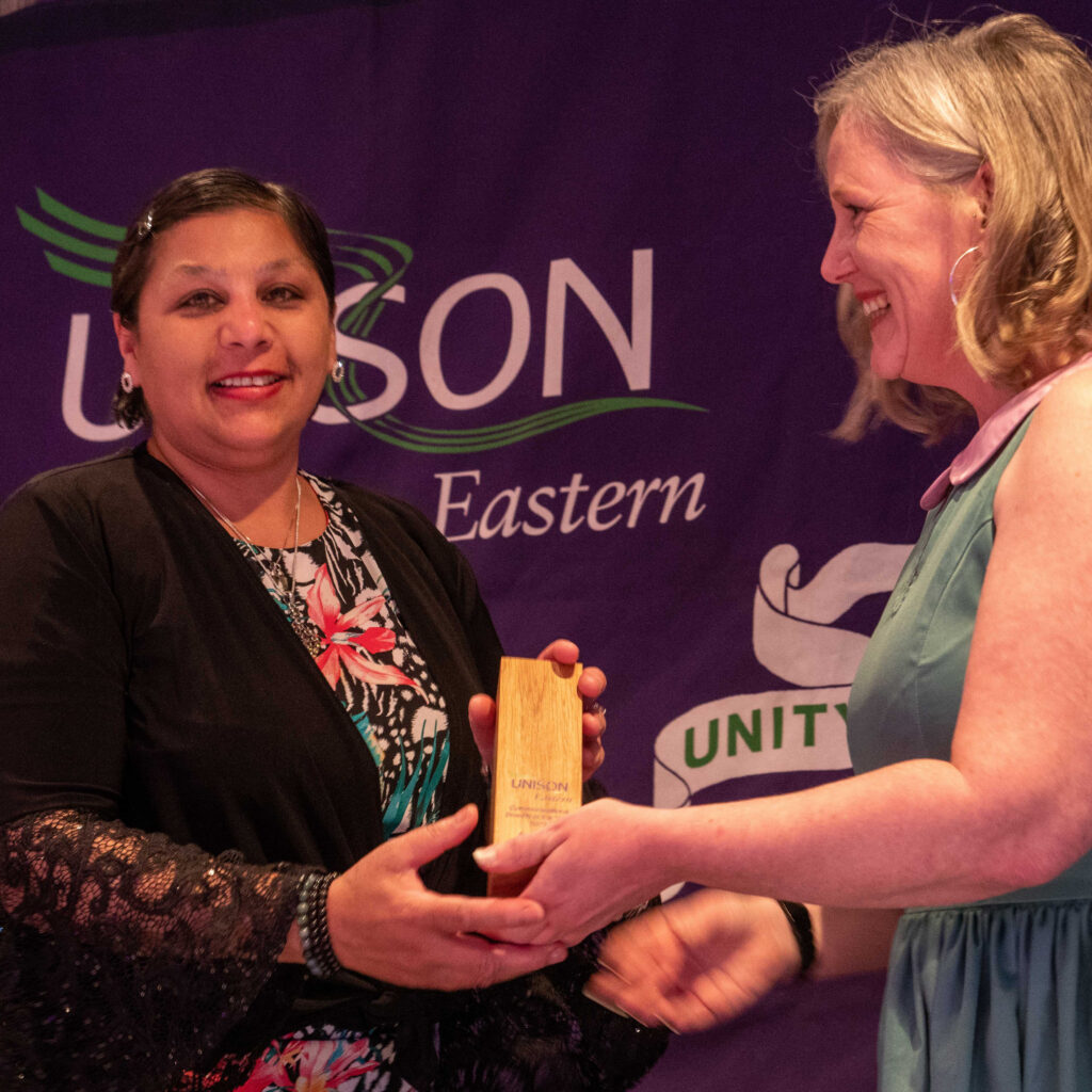 Firdy from UNISON Essex picks up her award from regional convenor Becky Tye