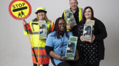 Four local government heroes hold action figure versions of themselves dressed in the same uniform: a lollipop lady, a care worker, a refuse worker and a librarian