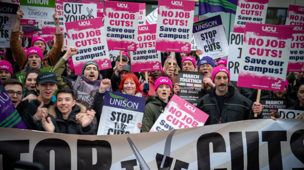 UNISON General Secretary Angela Egan at rally in the Forum, Southend defending 400 University of Essex jobs threatened by the proposed closure of the Southend campus.
